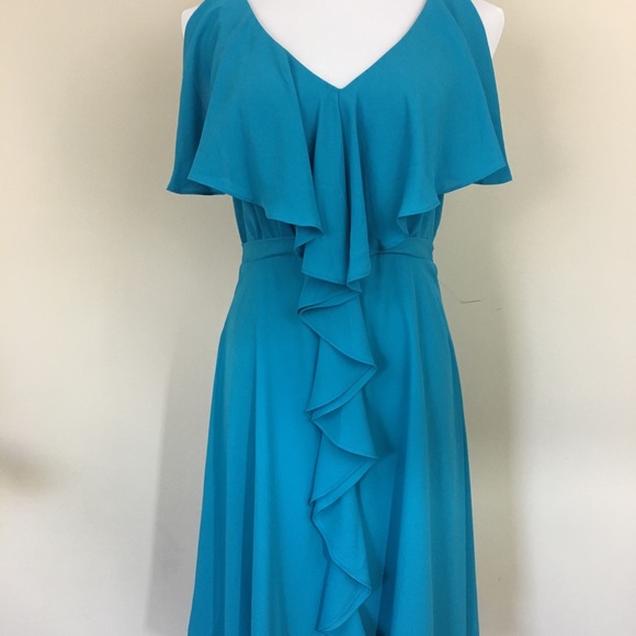 Max and Cleo Blue Asymmetrical Dress with Ruffle Draping - Picture 3 of 8
